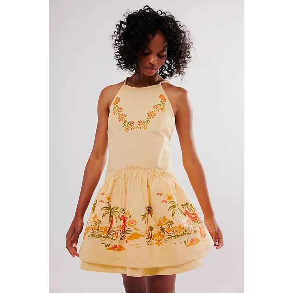 NWT FREE PEOPLE Deserted Island Poplin Mini Dress $128 LARGE Apricot Combo - Picture 2 of 5